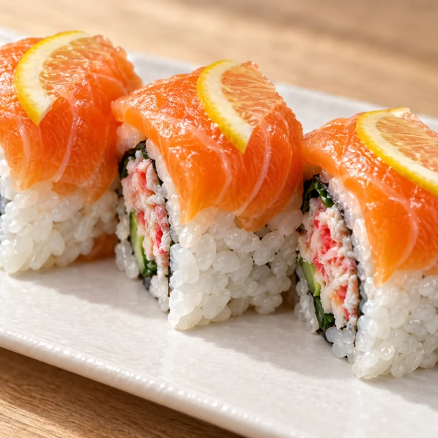 Close detail of Salmon Sunrise with salmon marbling