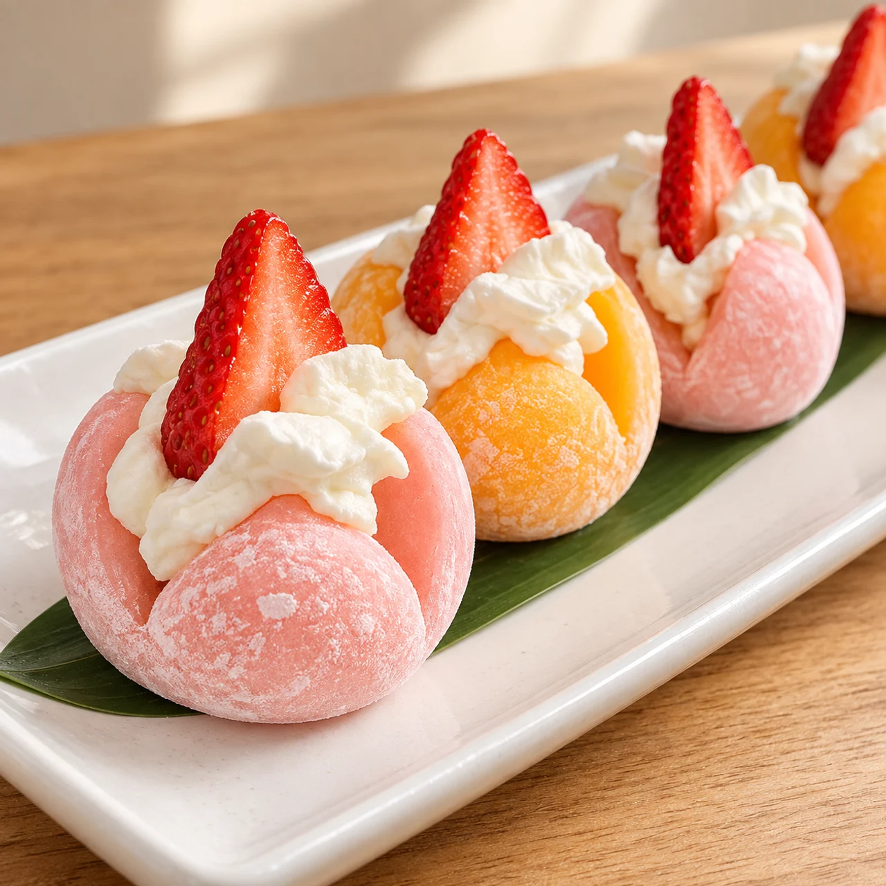Close-up of pink and orange mochi with cream and strawberry