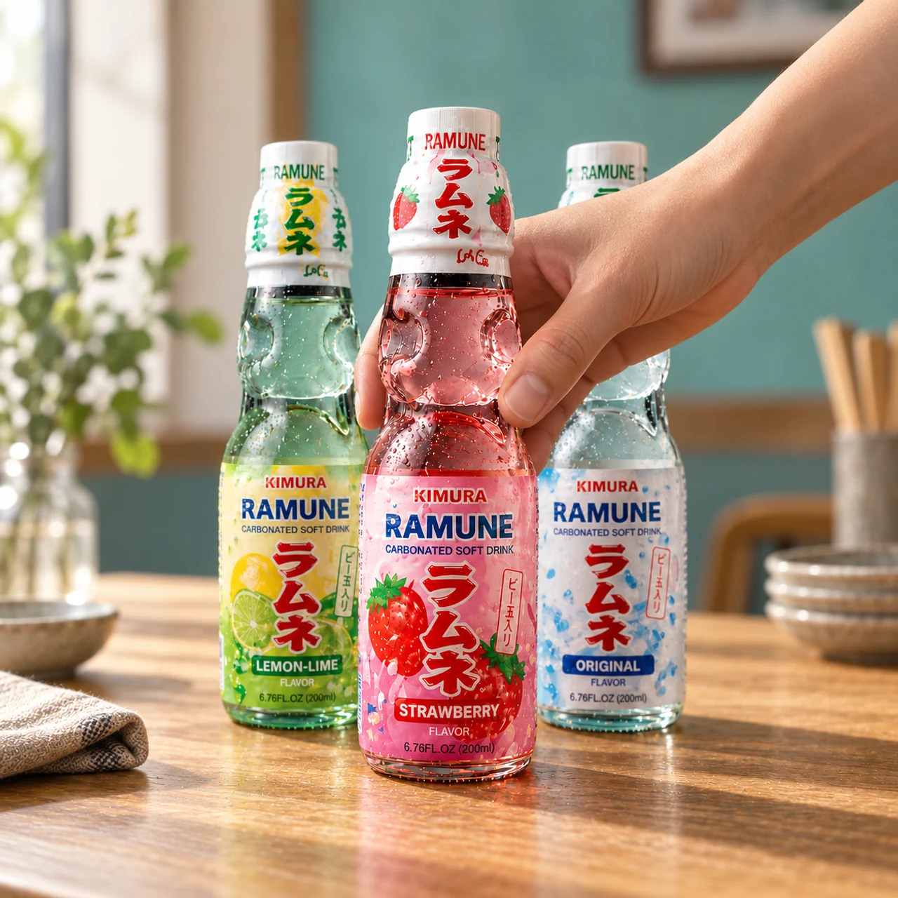 A hand reaching for chilled strawberry Ramune