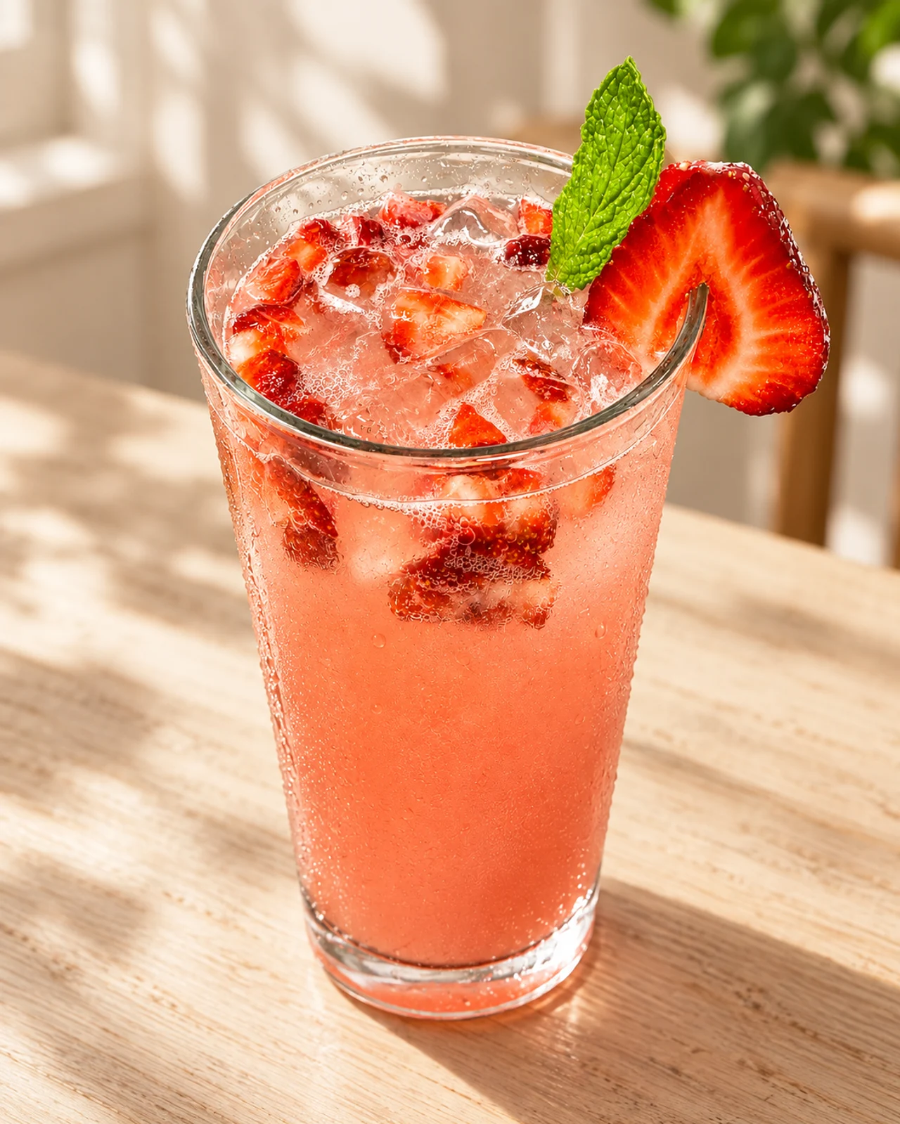 Strawberry refresher with ice, fresh strawberries and mint