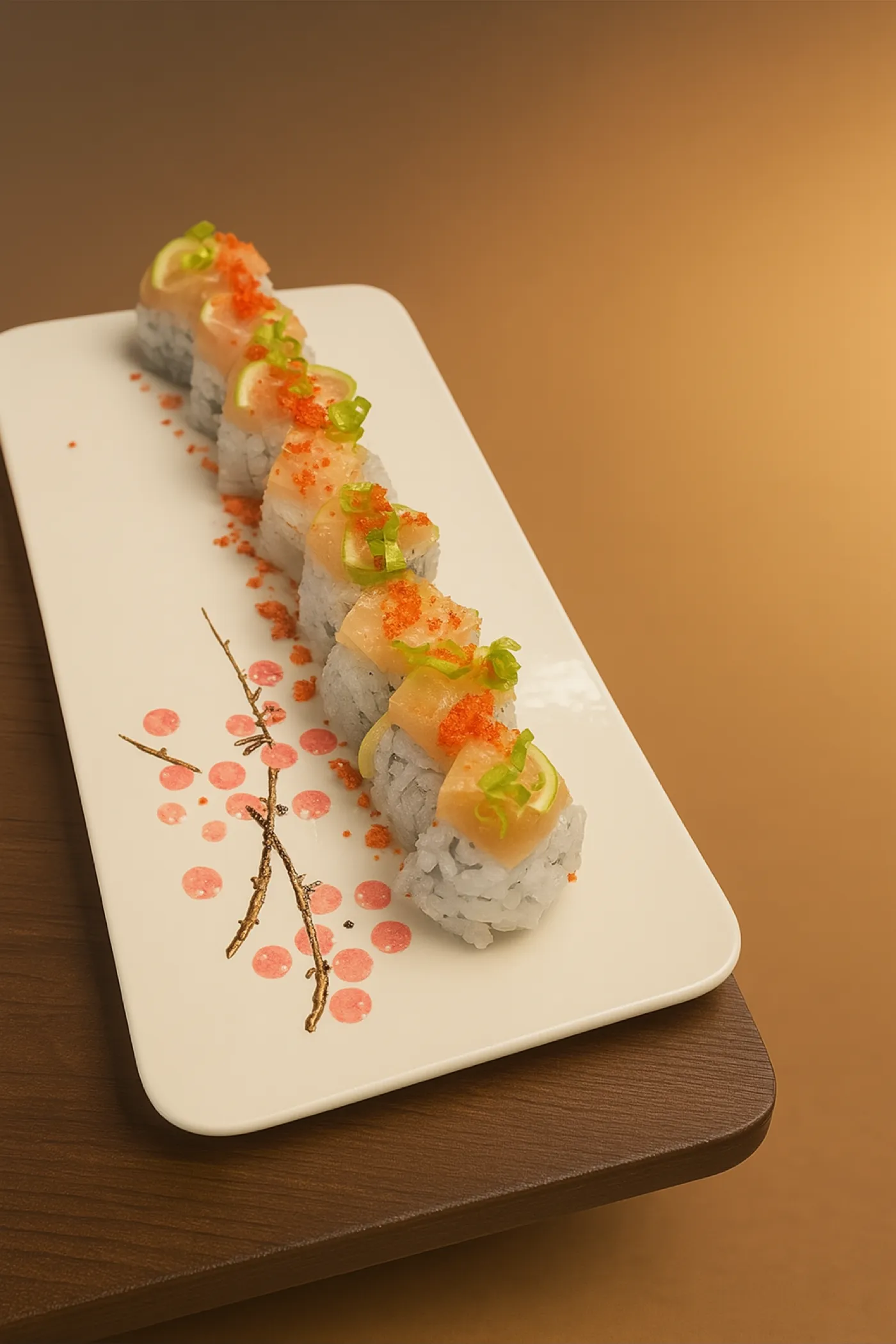Eight sushi pieces with citrus and scallions on Hikari's blossom-patterned plate